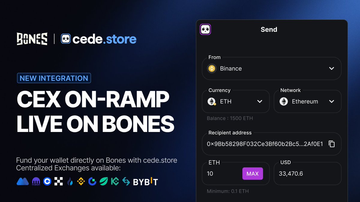 cedehub's tweet photo. EXCITING NEW PARTNERSHIP WITH @playBones_! 🎮

Seamlessly transfer your assets from centralized exchanges to your DeFi wallet on Bones' interface using 🐼 https://t.co/drZ7axdndV's CEX On-Ramp solution!

Transfer NOW 👉 https://t.co/W5gQMUXWu4 https://t.co/yVvHpabH1e