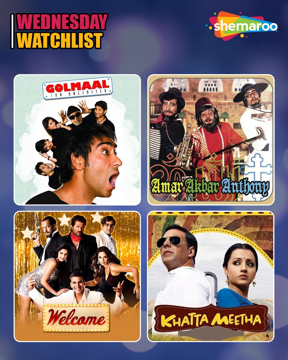 ShemarooEnt's tweet image. Ward off those midweek blues with our Wednesday Watchlist, curated to rescue you from the mundane. 🎬✨

#ShemarooEnt #WednesdayWatchlist #Golmaal #AmarAkbarAnthony #Welcome #KhattaMeetha