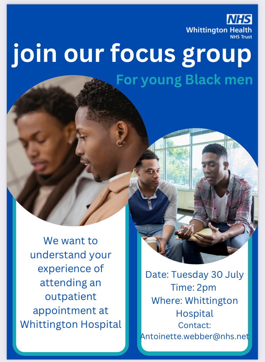 Antoinette Webber (@antweb7) on Twitter photo We want to hear from you. <a href="/WhitHealth/">Whittington Health NHS Trust</a> <a href="/YMCAEng_Wales/">YMCA England & Wales</a> <a href="/HWHaringey/">Healthwatch Haringey</a> <a href="/HWIslington/">HealthwatchIslington</a> <a href="/MiaG_03/">Mirela</a> join us in our focus group for young Black men aged 18-24 We want to hear from you. <a href="/WhitHealth/">Whittington Health NHS Trust</a> <a href="/YMCAEng_Wales/">YMCA England & Wales</a> <a href="/HWHaringey/">Healthwatch Haringey</a> <a href="/HWIslington/">HealthwatchIslington</a> <a href="/MiaG_03/">Mirela</a> join us in our focus group for young Black men aged 18-24