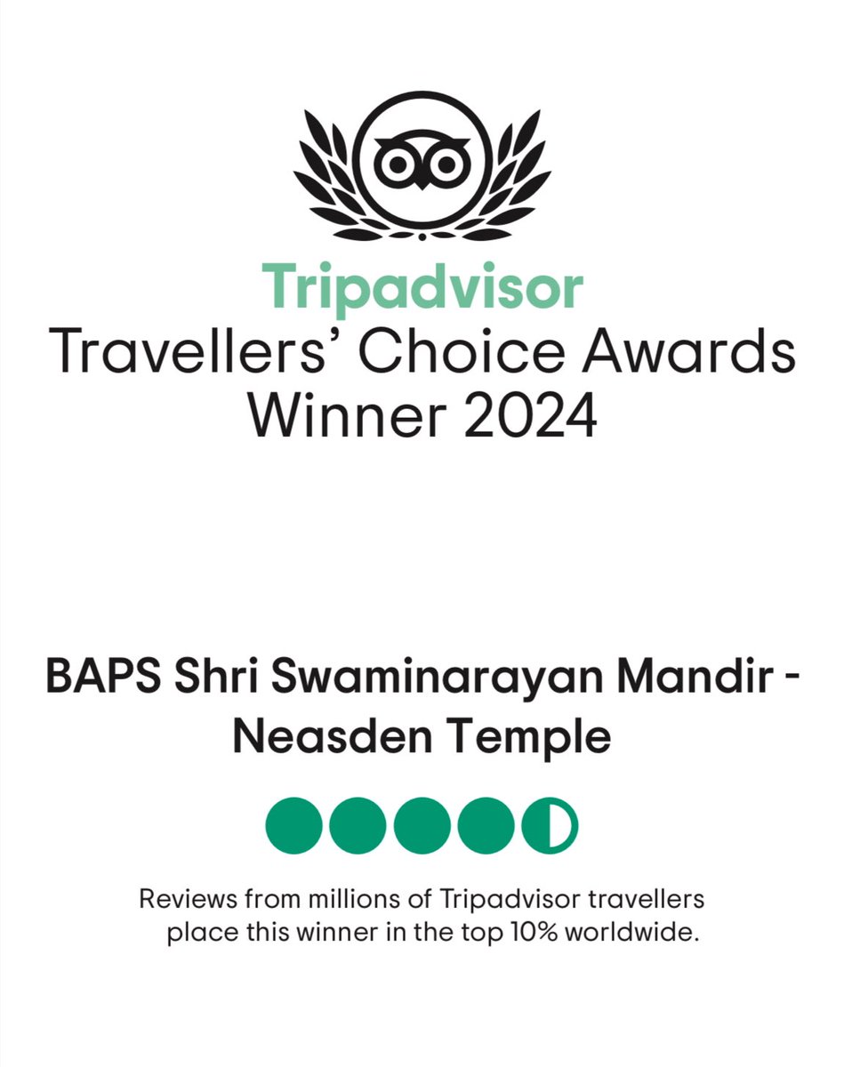 We are delighted to share that Neasden Temple, a significant place of worship for Hindus, has received the <a href="/Tripadvisor/">Tripadvisor</a> Travellers’ Choice Award for 2024, placing it among the top 10% of attractions worldwide, having received “consistently great reviews” from visitors over the