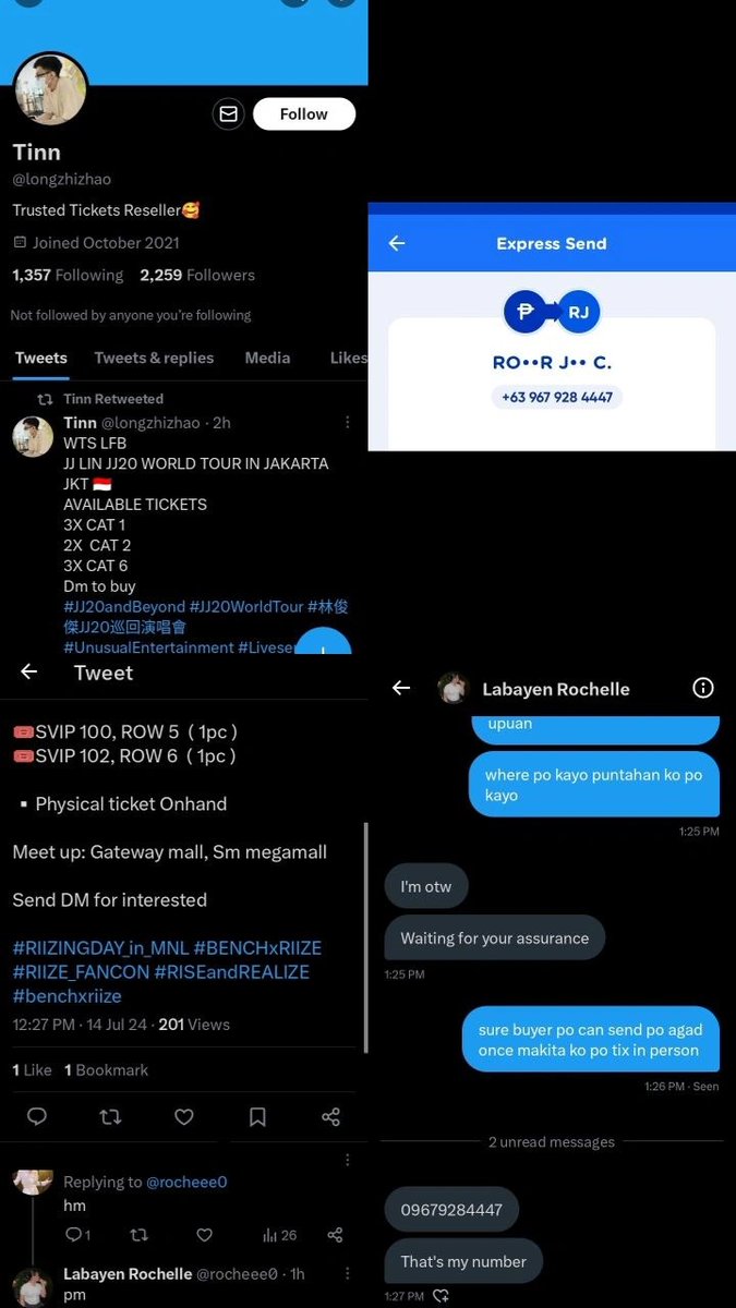 deobuyju's tweet photo. 🚫do not transact🚫
potential scammer
@rocheee0 -> @longzhizhao
trying to sell tickets for different events/concerts all around asia &amp; deleting twts

asking for dp kahit magmeet-up sa loc &amp; sketchy af no proofs

❗beware❗
gcash 09679284447
ro**r j** c.

block &amp; report! 🚨 https://t.co/ykQkIswzpF