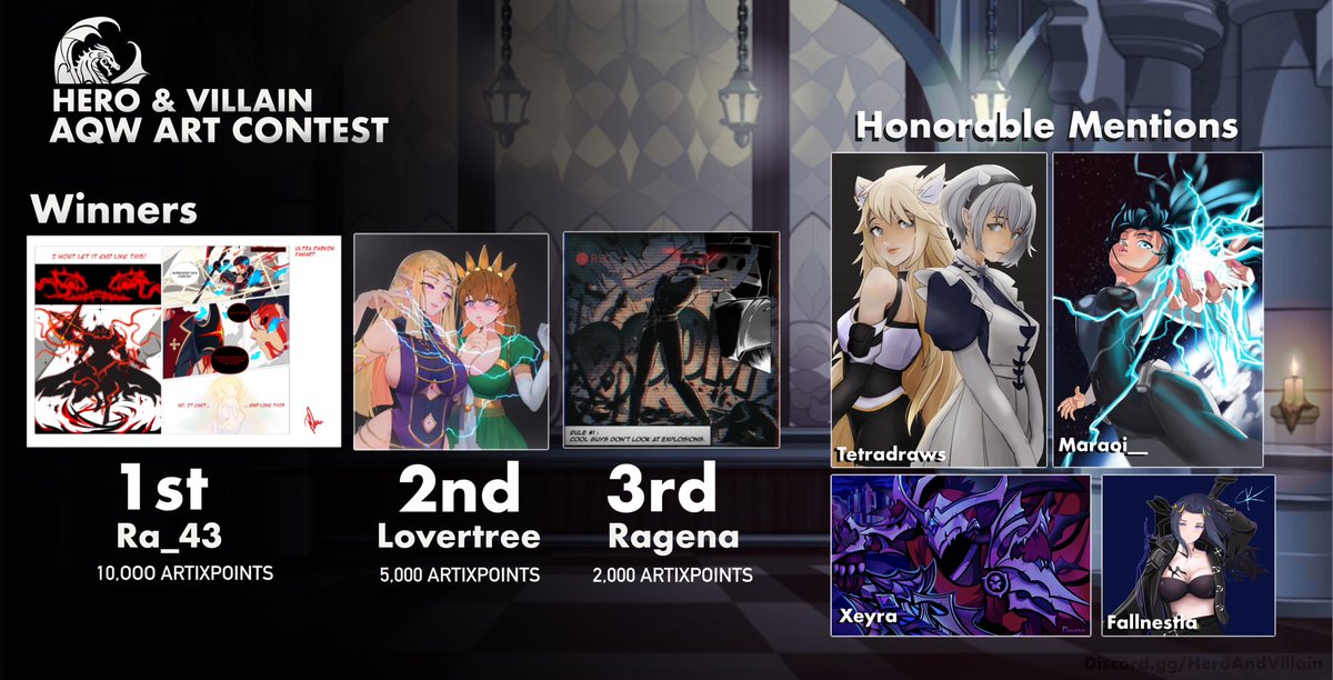 AQWHeroGuild's tweet image. AQW Fanart Winners! 🎨🖌️

Thank you all talented artists for putting your skills to the test, there’s been a lot of amazing hardwork, which made it hard to choose the top pieces.
Congratulations to the winners! (Please check your Discords and contact KDD.)