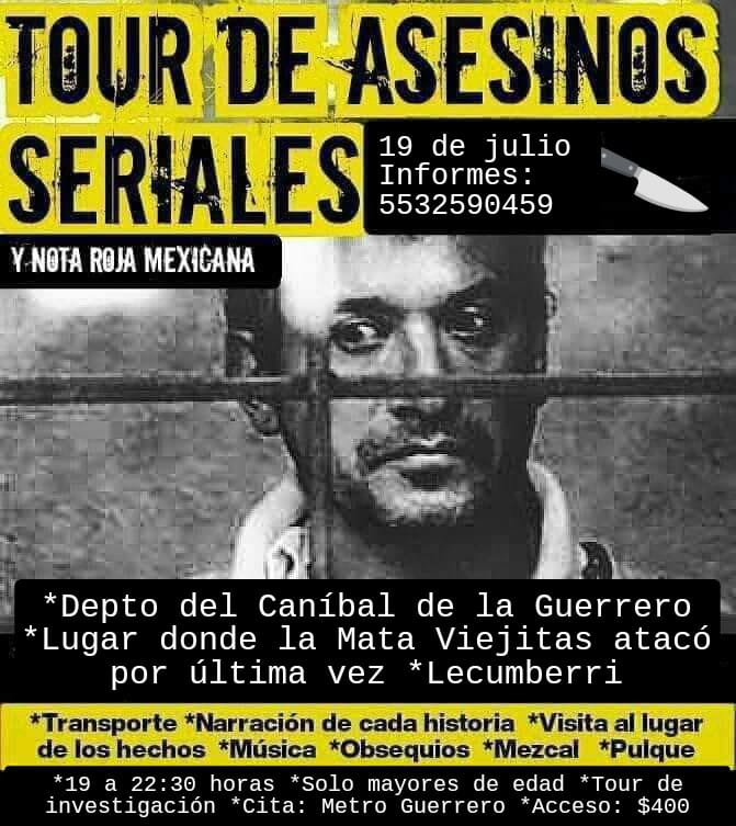 Pulquipedia's tweet photo. ⚠️TOUR DE ASESINOS SERIALES
📅 Viernes 19 de julio!
⏰19:00 a 22:30 horas.
📌 Cita: Metro Guerrero.

Tour con investigación.
Informes en el whats 5532590459

Acceso: $400 pesos por persona.
*Experiencia solo para mayores de edad y de amplio criterio. 
*Cupo limitado. https://t.co/shycH3Smca