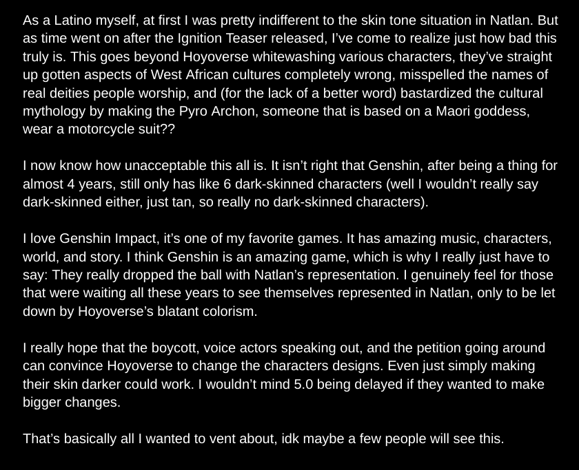 DK_12_14's tweet photo. A small vent about the colorism in Natlan. I don't really expect people to see this I just wanted to get my thoughts out there.
#Natlan #BoycottHYV https://t.co/KHymfRSb7F