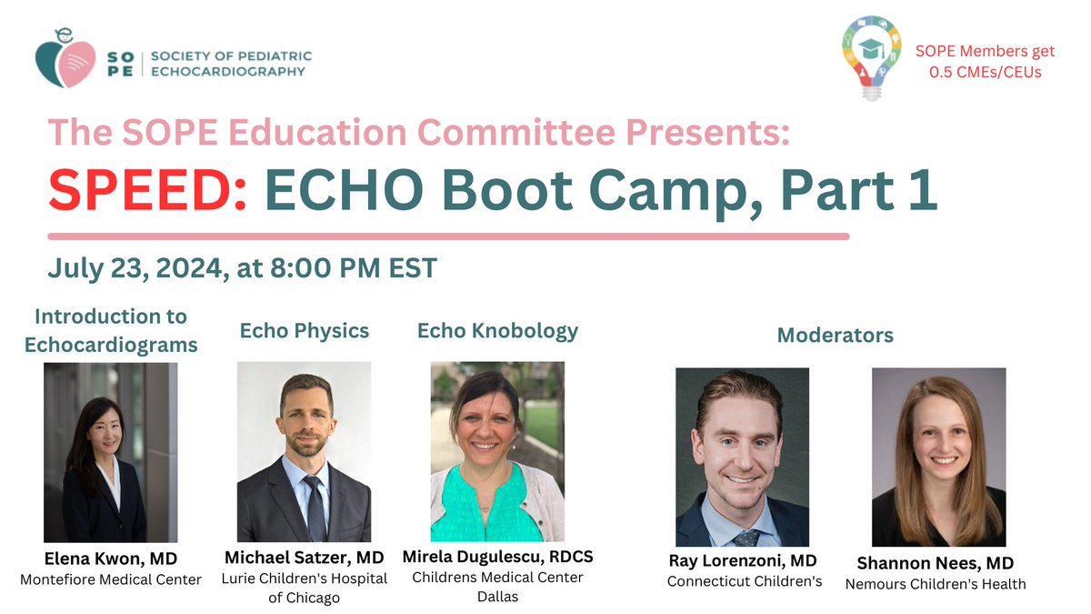 SOCIETY OF PEDIATRIC ECHOCARDIOGRAPHY (@sopedsecho) on Twitter photo A highly anticipated SPEED webinar you don’t want to miss: Echo Boot Camp - Pt 1 with Drs. <a href="/ElenaKwon18/">Elena Kwon</a> and Michael Satzer and Mirela Dugulescu, RDCS.
Moderated by <a href="/DrBabyHearts/">Ray Lorenzoni</a> and <a href="/ShannonNNees/">Shannon Nees, MD</a>.
🗓️: Tues, July 23, 2024
⏰: 5PM PT/8PM EST
Register here: us06web.zoom.us/webinar/regist… A highly anticipated SPEED webinar you don’t want to miss: Echo Boot Camp - Pt 1 with Drs. <a href="/ElenaKwon18/">Elena Kwon</a> and Michael Satzer and Mirela Dugulescu, RDCS.
Moderated by <a href="/DrBabyHearts/">Ray Lorenzoni</a> and <a href="/ShannonNNees/">Shannon Nees, MD</a>.
🗓️: Tues, July 23, 2024
⏰: 5PM PT/8PM EST
Register here: us06web.zoom.us/webinar/regist…