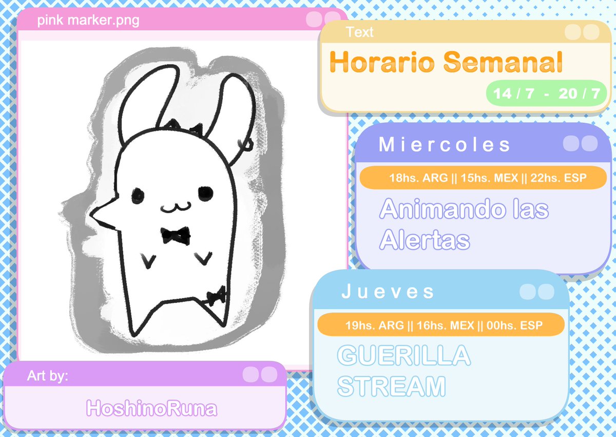pink_mvstreamer's tweet photo. ❣ Horario Semanal ❣
【Semana del 14 Jul - 20 Jul】
Oshi mark: ❣🐰🖍
🎨#PinksGallery
🐰#PinksMeems
❣Redes: https://t.co/GbOtmLfPUK
❣Coms: https://t.co/jOvsmptX2z
🖌: @/HoshinoRunaVT https://t.co/kyfD65cBEu
