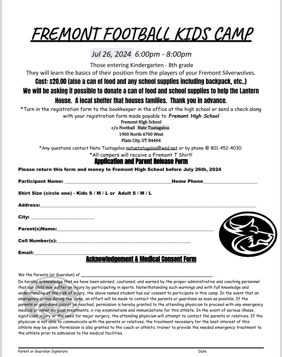 Fremont Youth Camp July 26th 6:00-8:00 pm