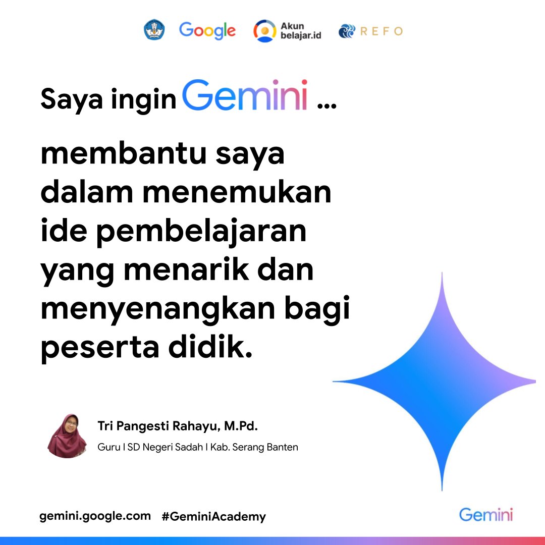 triepangesti's tweet photo. Saya ingin Gemini membantu saya dalam menemukan ide pembelajaran yang menarik dan menyenangkan bagi peserta didik.

#GeminiAcademy  
@refoindonesia @googleindonesia https://t.co/ZRGoyWHDm2