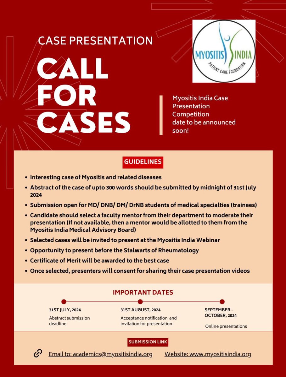 docrota's tweet image. Calling on young rheumatologist neurologist dermatologist pulmonologist from to show off your best myositis or associated cases. Win award from leaders in the field sponsored by #MyositisIndia. Thanks @Myositis_India