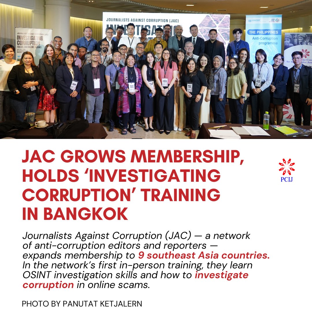 PCIJdotOrg's tweet photo. HAPPENING NOW: INVESTIGATING CORRUPTION: Focus on Online Scams

First in-person training of the Journalists Against Corruption (JAC), a network of anti-corruption editors and reporters, formed in March 2024. ⁠

Learn more about JAC: https://t.co/i4hkAWnhcX

#JAC #JAC✋ #JournalistsAgainstCorruption #StandAgainstCorruption

@SwedeninAP @UNODC_SEAP