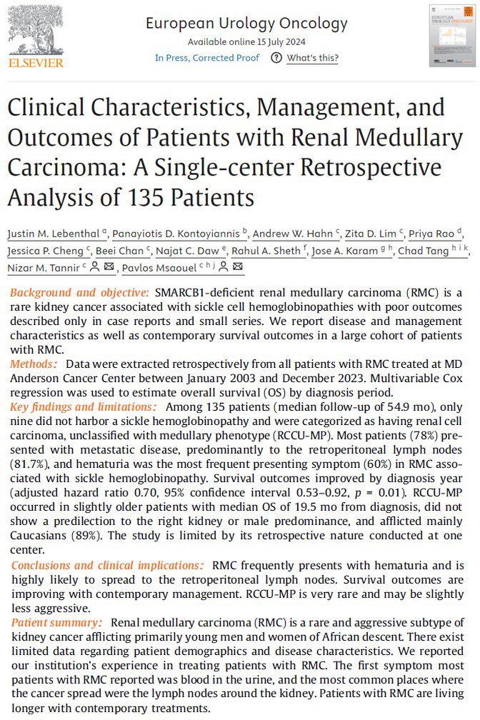 Pavlos Msaouel (@pavlosmsaouel) on Twitter photo 1/5 Excited to share our @MsaouelLab clinical analysis of 135 patients with #RenalMedullaryCarcinoma treated <a href="/MDAndersonNews/">MD Anderson Cancer Center</a> over 20 years 👉sciencedirect.com/science/articl… #endRMC #rarecancers <a href="/KidneyCancer/">Kidney Cancer</a> <a href="/renalmedullary/">Chris Johnson Foundation Inc.</a> <a href="/RmcAlliance/">RMC Alliance</a> <a href="/RMCAwareness/">R.M.C. Inc</a> <a href="/RareCancerRF/">Rare Cancer Research Foundation + Pattern.org</a> <a href="/thermcrf/">The Renal Medullary Carcinoma Research Foundation</a> <a href="/kcCURE/">KCCure</a> 1/5 Excited to share our @MsaouelLab clinical analysis of 135 patients with #RenalMedullaryCarcinoma treated <a href="/MDAndersonNews/">MD Anderson Cancer Center</a> over 20 years 👉sciencedirect.com/science/articl… #endRMC #rarecancers <a href="/KidneyCancer/">Kidney Cancer</a> <a href="/renalmedullary/">Chris Johnson Foundation Inc.</a> <a href="/RmcAlliance/">RMC Alliance</a> <a href="/RMCAwareness/">R.M.C. Inc</a> <a href="/RareCancerRF/">Rare Cancer Research Foundation + Pattern.org</a> <a href="/thermcrf/">The Renal Medullary Carcinoma Research Foundation</a> <a href="/kcCURE/">KCCure</a>