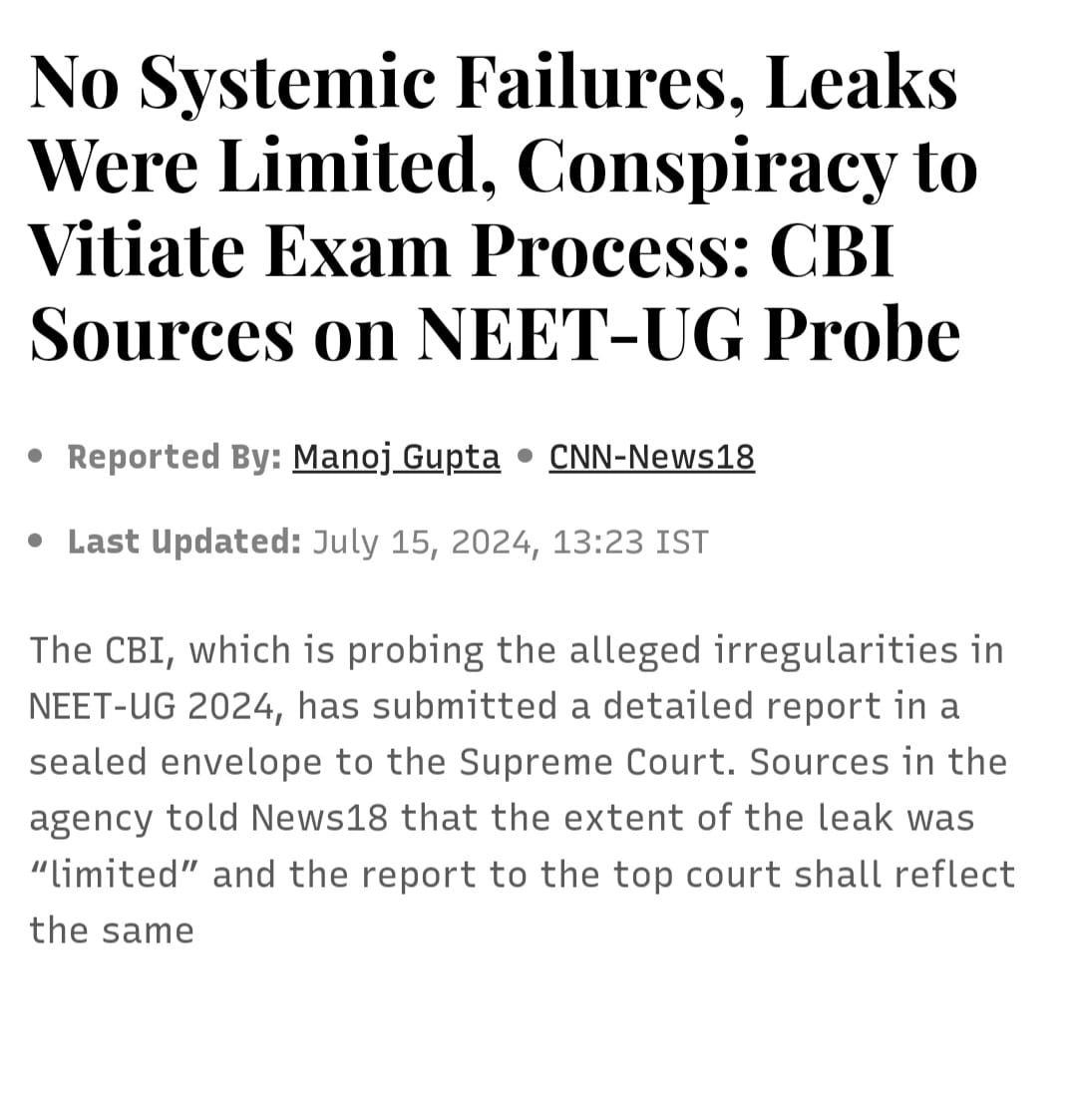 Vivekpandey21's tweet photo. 1. The court acknowledged the #NEET exam's sanctity was compromised on June 10 and 18, making the CBI's claim of 'no sanctity compromised' baseless.

2. Media reports state that 46% of examination centers lacked CCTVs and monitoring systems, indicating systemic failure.

3. A key figure, 'Rocky', admitted to sending solved papers via WhatsApp the night before the exam, implying the paper leak occurred well before May 5 and likely spread widely, indicating a mass leak