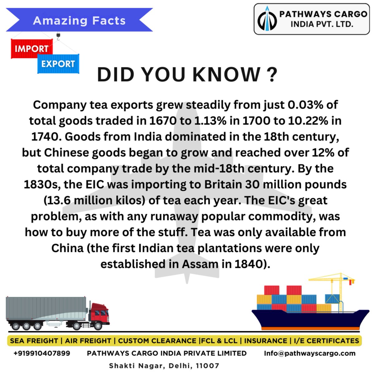 Pathways_Cargo's tweet photo. The Great Tea Import Challenge for the East India Company.
#AirCargo #SeaFreight #SupplyChain #Logistics #Transportation #freighters #Sensex #Doda #Maharaja #pathwayscargo #sharemarketindia #import #exports #Delhi https://t.co/kZsDNAC6BV