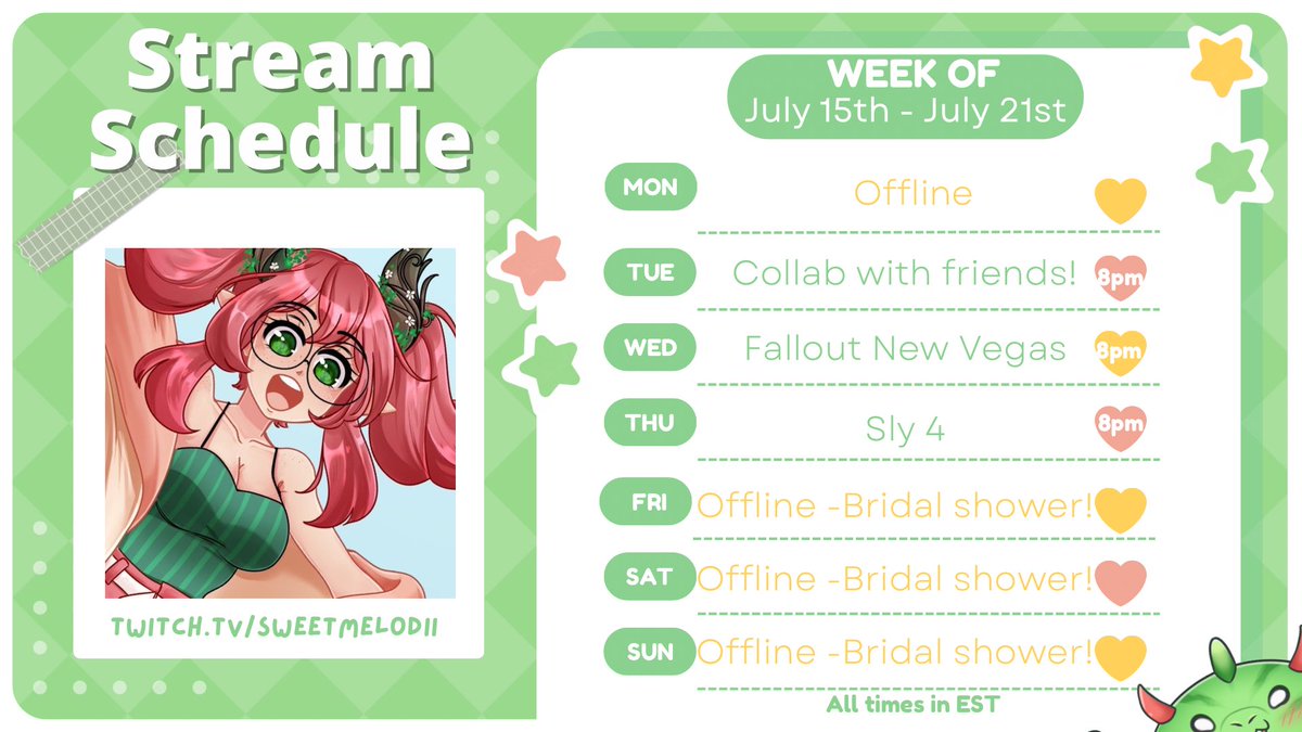 Sweet_Melodii's tweet photo. 🍉 STREAM SCHEDULE 🍉
July 15-21

Shorter week this week because my BRIDAL SHOWER is this weekend! 🥹 💕

Come hangout and have fun while I’m here!
── ࣪˖  ࣪ ⊹ ࣪ ˖ ──

🎨 #artofthemelon 
🔞 #onlymelons
🎥 #melodiiLIVE 

── ࣪˖  ࣪ ⊹ ࣪ ˖ ──

SOCIALS: https://t.co/bw2NVliogN https://t.co/z60AlugXgu