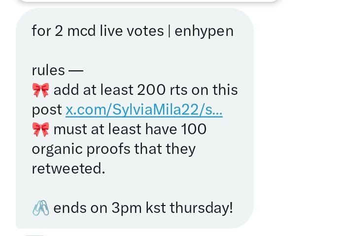 Rt deal for ENHYPEN

for 2 mcd live votes | enhypen

rules — 
🎀 add at least 200 rts on this post x.com/SylviaMila22/s…
🎀 must at least have 100 organic proofs that they retweeted.

🖇️ ends on 3pm kst thursday!