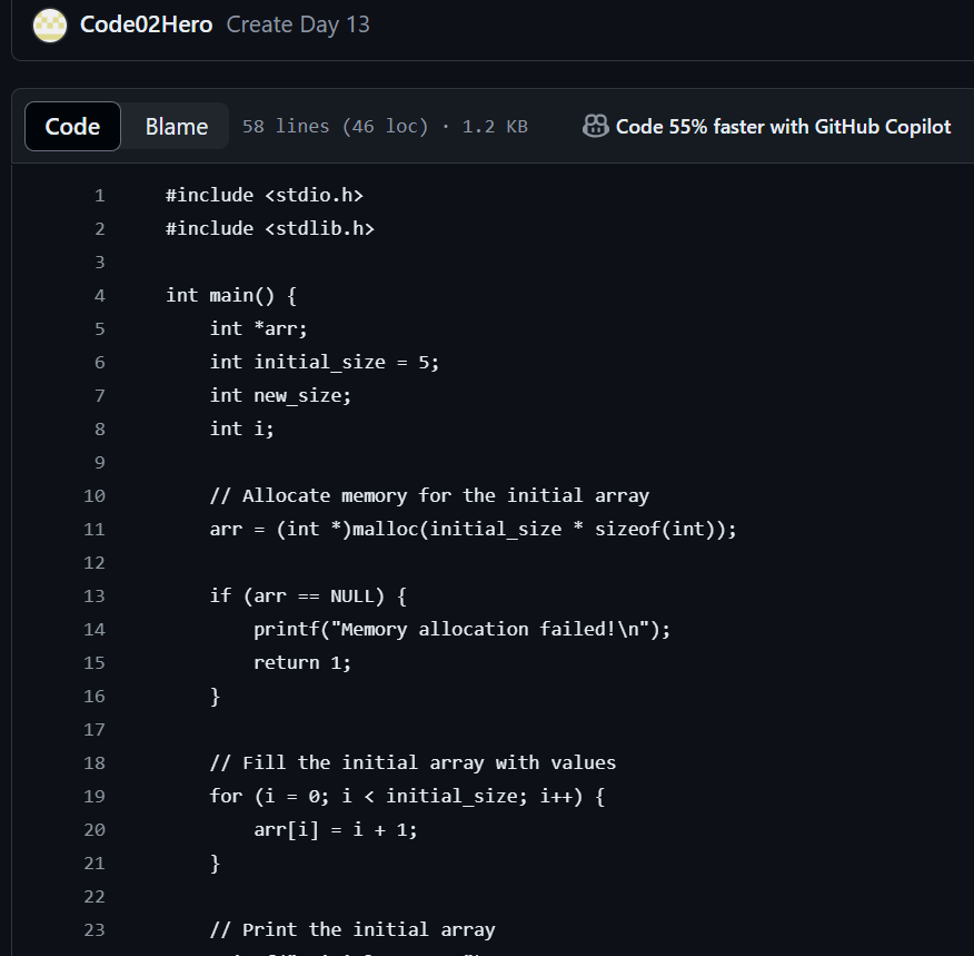Code02Hero's tweet photo. Day 13 of #100DaysOfCode: Explored dynamic memory allocation in C! Learned how to use malloc and realloc for managing memory for arrays. 🚀 #CProgramming #coding #DynamicMemoryAllocation
Solution in GitHub https://t.co/X1QPj5JY46