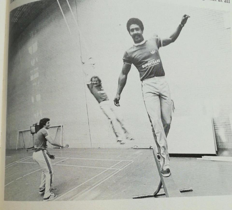Brian Hooper, Daley Thompson and Allen Williams 'hanging around' between filming of SUPERTEAMS for TV in 1979. 

The athletes team included the three 3 plus Geoff Capes. Steve Green. Keith Connor. Jim Whitehead, Nick Rose &amp; Berwyn Price &amp; defeated a team of football stars.