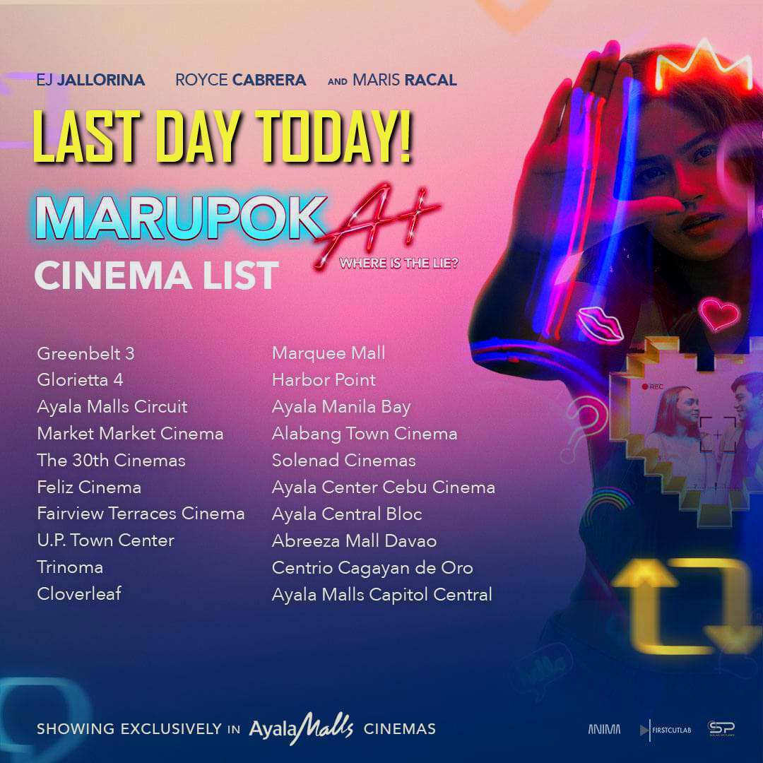 #MarupokAF LAST DAY TODAY!
Watch Now! Still showing exclusively at Ayala Cinemas. Check schedules before proceeding to your favorite theater sureseats.com

<a href="/quarkhenares/">Quark Henares</a> <a href="/ejjallorina/">ej jallorina</a> 
#MarupokA+ #WhereIsTheLie #QuarkHenares #MarisRacal #EJJallorina #RoyceCabrera