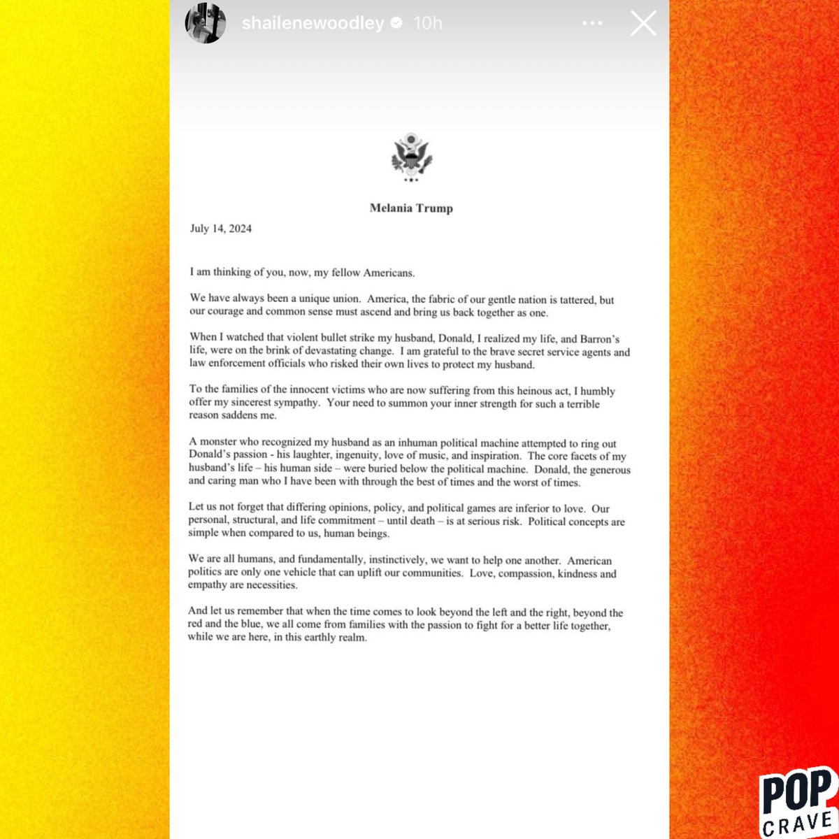 PopCrave's tweet photo. Shailene Woodley reposts Melania Trump’s statement on her husband’s assassination attempt. https://t.co/LF5yM5RKYp