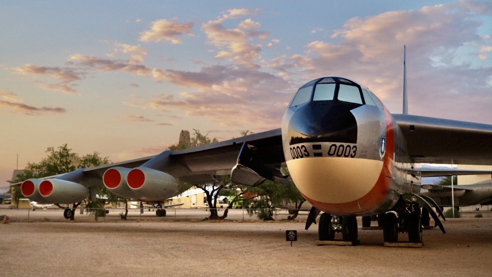 Boneyardsafari's tweet photo. Stunning Sonoran sunset this evening at Pima Air and Space with NB-52A 52-0003! #b52 #nb52a #usaf #nasa #bufflegacy #pimaairandspacemuseum #visittucson #tucson #aviationsafari #aviationpreservation #boneyardsafari https://t.co/u48UU82eOE