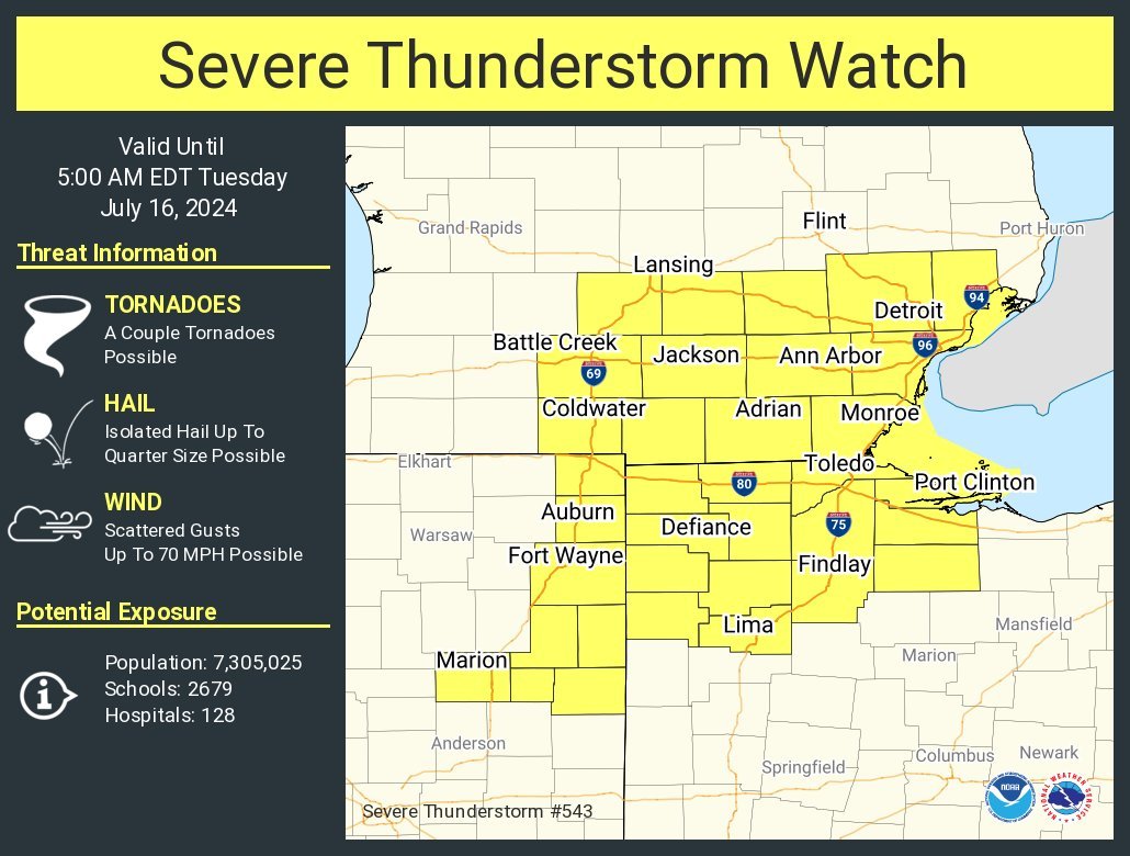 LimWeather's tweet photo. #SevereThunderstormWatch in SE #Michigan,NW #Ohio,SE #Indiana esp #Detroit,#SterlingHeights,#Warren,#Lansing,#ClintonMI,#AnnArbor,#Toledo,#Findlay,#LimaOH,#FortWayne cities
#Wxtwitter #SevereWx #Hail #Wind #Tornado #Wxx #SPC #Miwx #INwx #Ohwx https://t.co/UisyYYh0YZ