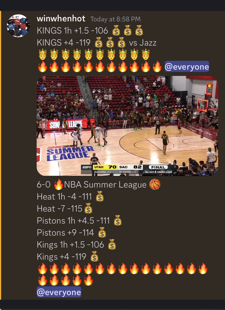 WinWhenHot's tweet photo. 6-0 NBA Summer League ππ₯
Heat 1h -4 -111 π°
Heat -7 -115π°
Pistons 1h +4.5 -111 π°
Pistons +9 -114 π°
Kings 1h +1.5 -106 π°
Kings +4 -119 π°
π₯π₯π₯π₯π₯π₯π₯π₯π₯π₯π₯π₯π₯π₯π₯π₯π₯π₯π₯ MLB is my #2 Basketball is my #1 @ncaaflash π₯π₯π₯#NBA2KSummerLeague #NBApicks https://t.co/yFZNrDMtdU