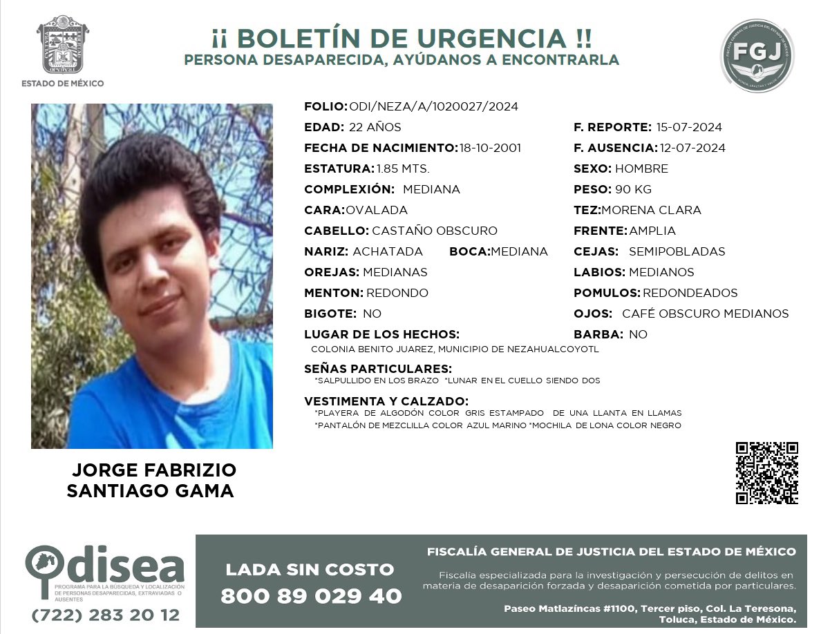 En <a href="/AmberPrensalyo/">Amber PrensaLyO</a> #Periodistas #Buscamos a Jorge Fabritzio Santiago de 22 años de edad, No localizado en #Nezahualcóyotl, favor de difundir es urgente !!!!! <a href="/FiscaliaEdomex/">Fiscalía Edoméx</a> <a href="/FiscaliaCDMX/">Fiscalía CDMX</a> <a href="/SS_Edomex/">Secretaría de Seguridad del Estado de México</a> <a href="/SSC_CDMX/">SSC CDMX</a>  <a href="/AAMBER_mx/">Alerta AMBER México</a> <a href="/GN_MEXICO_/">Guardia Nacional</a> <a href="/PrensaLyO/">PrensaLyO.Mx</a> <a href="/SSPCMexico/">Secretaría de Seguridad y Protección Ciudadana</a> <a href="/GN_MEXICO_/">Guardia Nacional</a> <a href="/GobNeza/">Gobierno Municipal de Nezahualcóyotl</a>