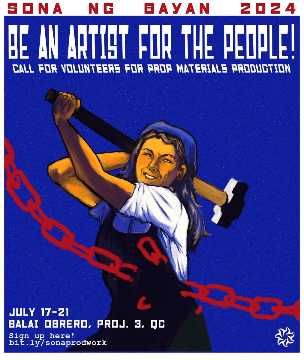 Ang pagkakamit sa mapagpalayang kultura at sining ay ang pagtataguyod ng isang mapagpalayang lipunan!
Artista, makiisa sa laban ng manggagawa! Lumikha para sa sambayanan!

July 17-21
Balai Obrero, Project 3, Quezon City
Sign up: bit.ly/sonaprodwork