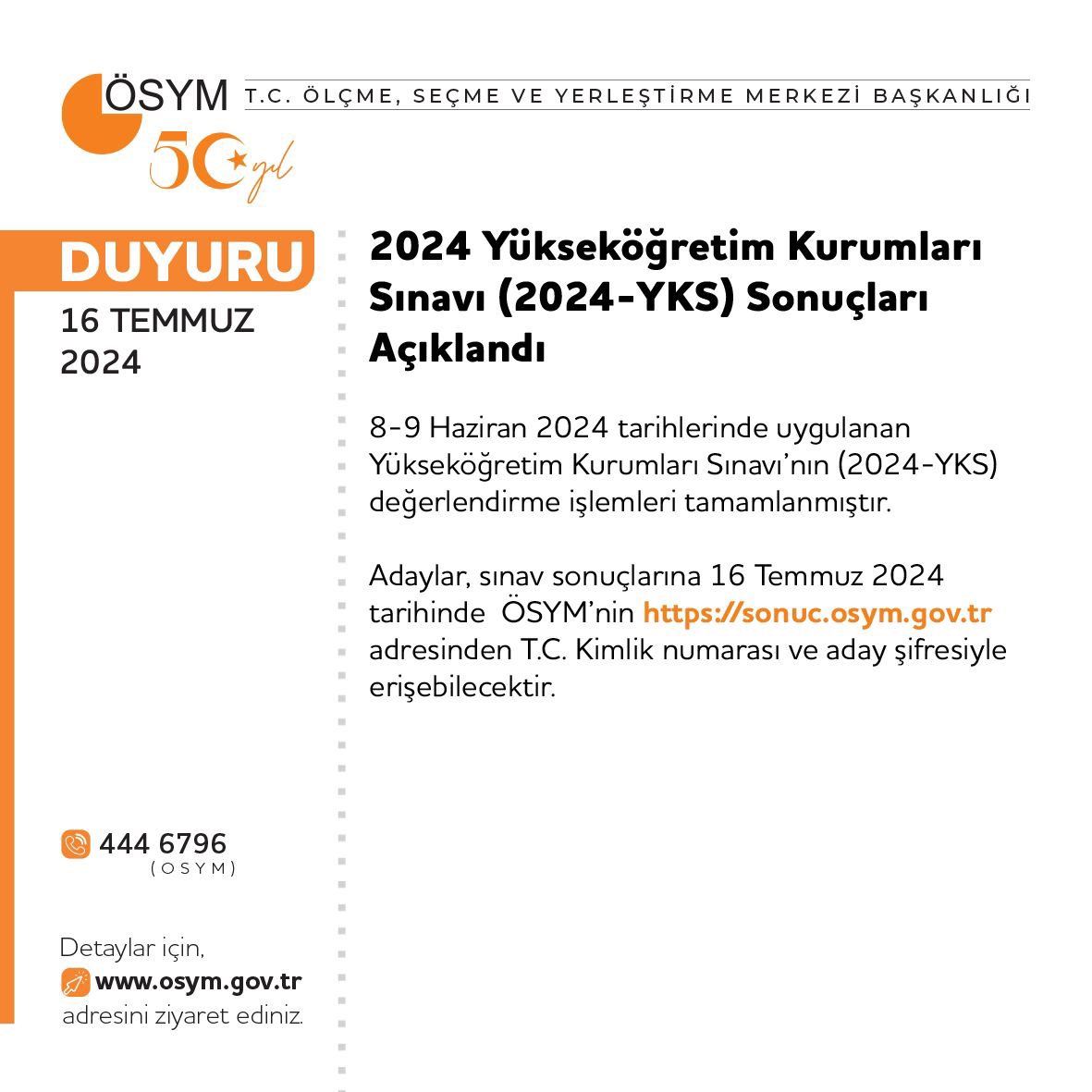 2024 Yükseköğretim Kurumları Sınavı (2024-YKS) Sonuçları Açıklandı

osym.gov.tr/TR,29508/2024-…