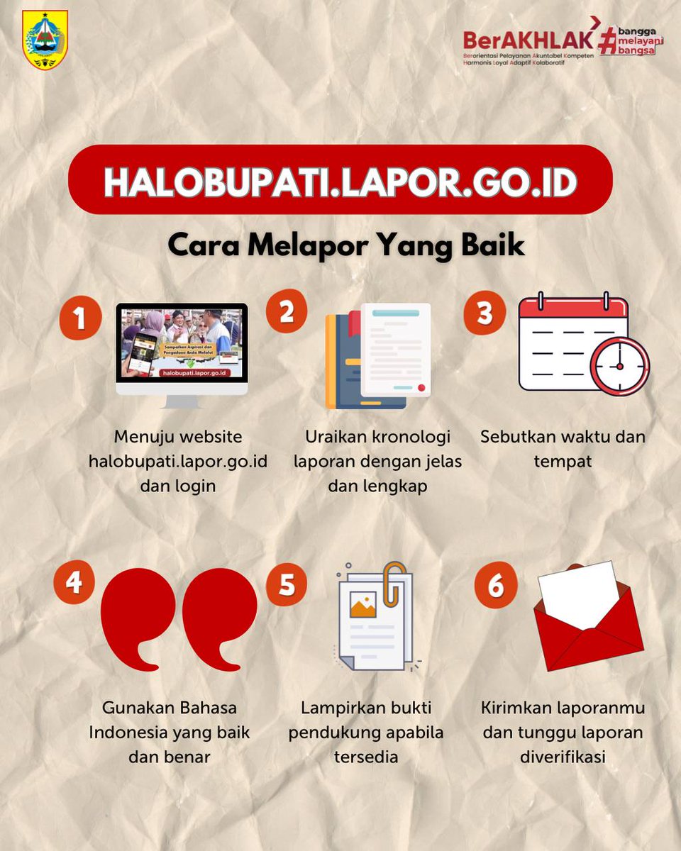 Halo Kanca Pemalang!
Sdh tau belum kalo Kab. Pemalang punya Saluran Pengaduan Pelayanan Publik, namanya Halo Bupati.
Lewat Halo Bupati, kanca pemalang bisa melaporkan aduan, aspirasi atau permintaan informasi.Cara melapornya kamu bisa swipe/geser dan ikuti langkah di atas yah!
