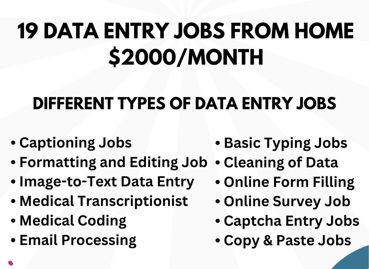 19 Websites that'll pay you $2000/month for data entry jobs:

I have prepared a list of 19 Websites that'll pay you $2000/month for data entry jobs With Just a Smartphone/ Laptop and Internet.

For absolutely FREE:

To get it:

1. Follow Me
2. Like and Retweet
3. Reply "DATA"