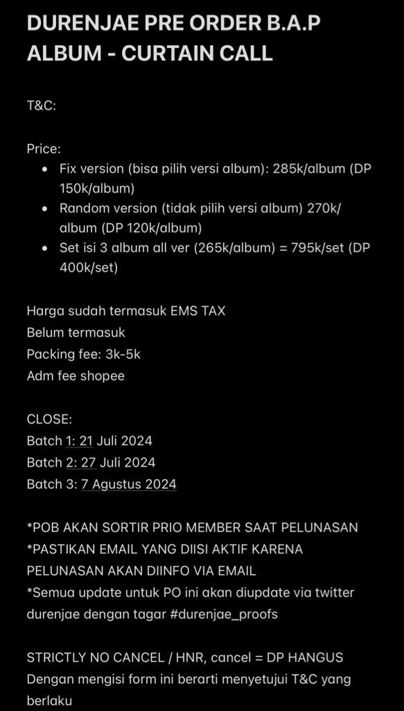 durenjae's tweet photo. PRE-ORDER ALBUM B.A.P - CURTAIN CALL

Price: on pic

ems tax✅
freebies✅
packing (3k)❌
adm pelunasan via 🍊

more info on pic 
order isi form: https://t.co/hWlCuQBm7v https://t.co/Kaw3CJebsn
