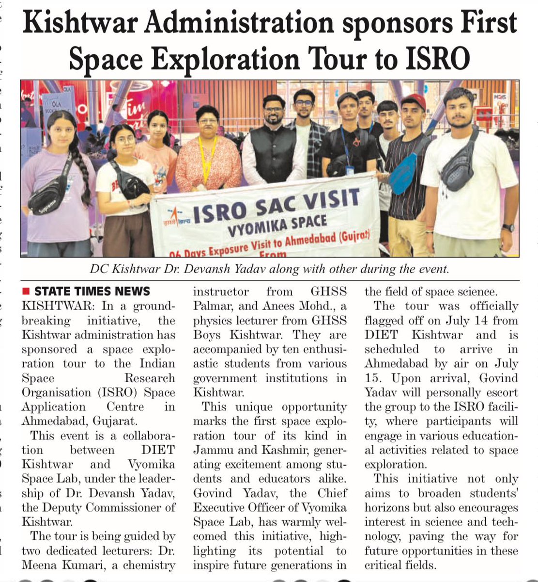 brajeshmittal's tweet photo. Happy and honored to work with @DICKishtwar @Devansh_IAS. It is when you decide to bring change you really can... hats off to your efforts to give exposure and opportunity to students of #Kishtwar, #JammuKashmir @isro
#SpaceTour #StudyTour #PracticalExposure #MEETISRO https://t.co/nrKIzbzMp3