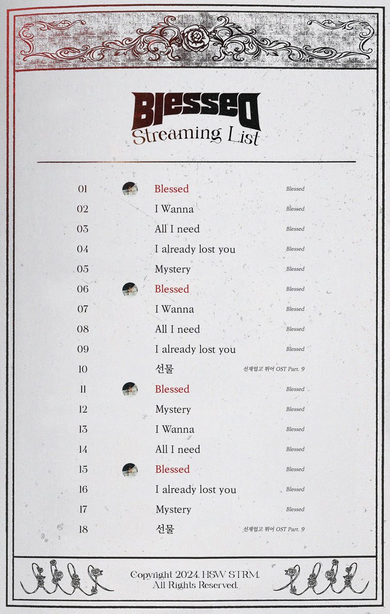 HSW_STRM's tweet photo. [📋] 권장 스밍리스트 안내 (ver.240712)

하성운의 8번째 미니앨범 ' Blessed ' 의 스밍리스트를 공개합니다 

발매 직후에는 슴리에 맞게 직링을 안내할 예정이니 참고 바랍니다 🪽🤍🖤

#하성운 #HASUNGWOON #Blessed https://t.co/MAaMkSWZVE