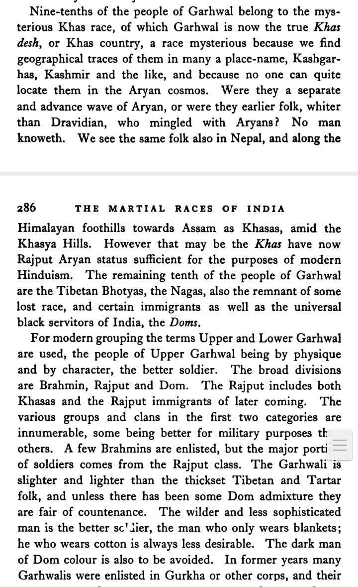 uem4uk's tweet photo. British Indian Army के अफसरों द्वारा लिखी गई किताब The Marital Races of India. गढ़वाली सैनिकों में प्रत्येक 10 में से 9 लोगो को खस सभ्यता का माना है l
#5thScduleTribe4UK  #ST #Tribe #Nature #हिमालय #अंबानी #SustainableDevelopment  #गढ़वाल #कुमाऊं #Gadhwal #Kumaon #भू_कानून #मूलनिवासी #Zomato #मूल_निवास_1950 #kaidarnath #नदी #जंगल #पहाड़ #चिपकोआंदोलन #khasaTribe #खस #खश #Khasa #खशसभ्यता #मूलनिवासी #Badrinath #केदारनाथ #बद्रीनाथ #ARRESTED #PetrolDieselPrice #SecretService
#UPSCscam #YogiAditynath #WeStandWithPratikPatel
#उद्धवठाकरे #Spain #AdnaanShaikh
#Doda #ॐ_हं_हनुमंते_नमः #AmbaniWedding #Maharaja #SamanthaRuthPrabhu #Shankaracharya #AmitMishra
