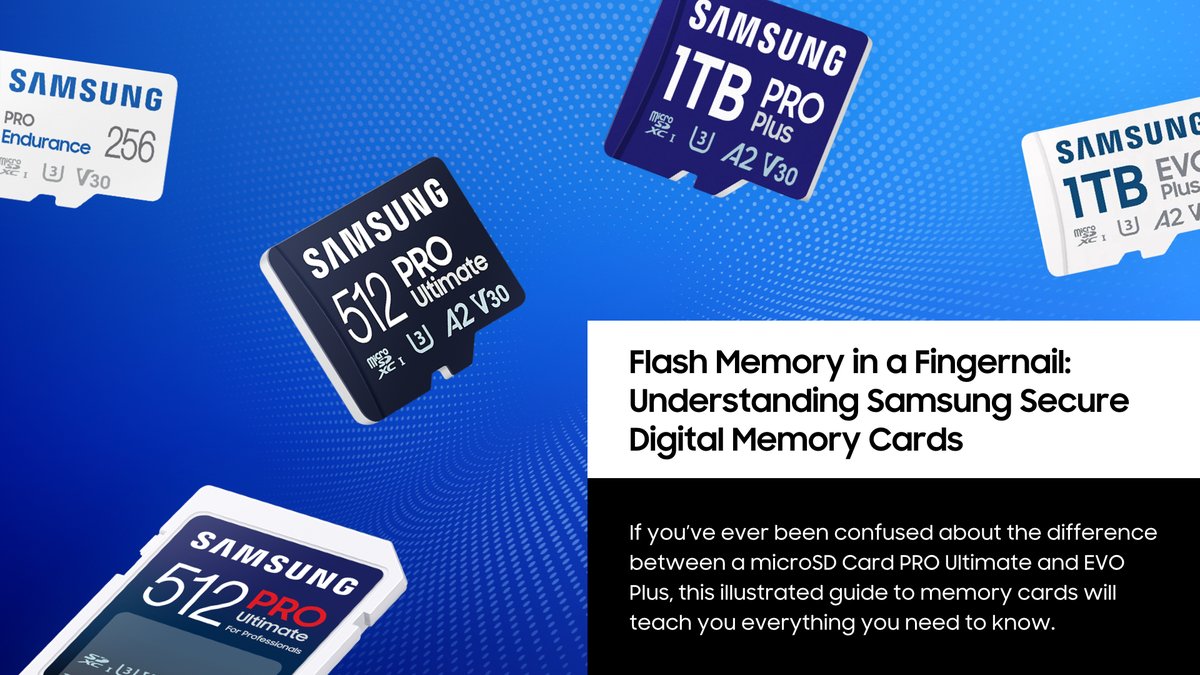 SamsungDSGlobal's tweet photo. Ever wondered what differentiates a microSD Card #PROUltimate from an #EVOPlus? In the latest Heart of Tech, we’ll walk you through the wide world of #SamsungMemory SD and microSD memory cards. Read more. https://t.co/LfkwdkiD0Q https://t.co/DfD3bSpNG7