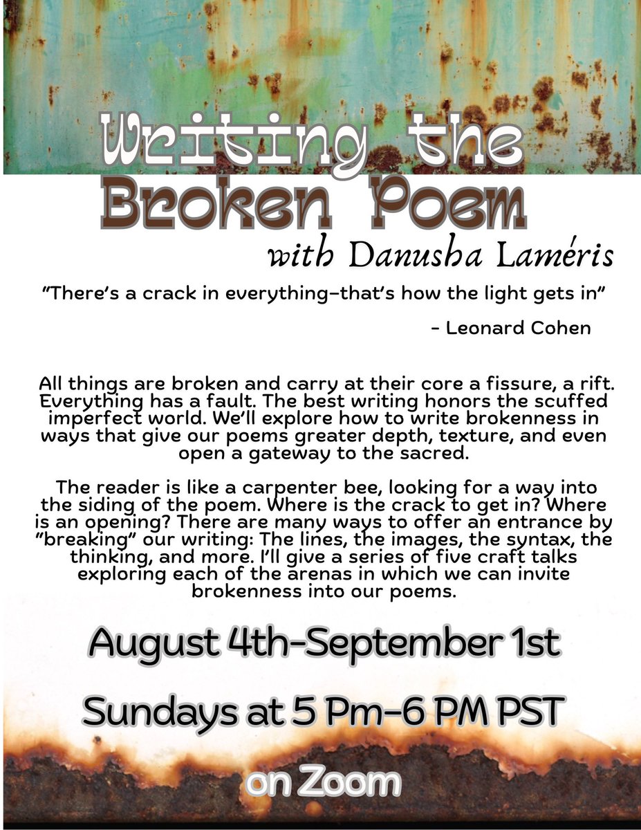 Still a couple weeks to sign up for my upcoming class, Writing the Broken Poem. Check my Linktree in profile.