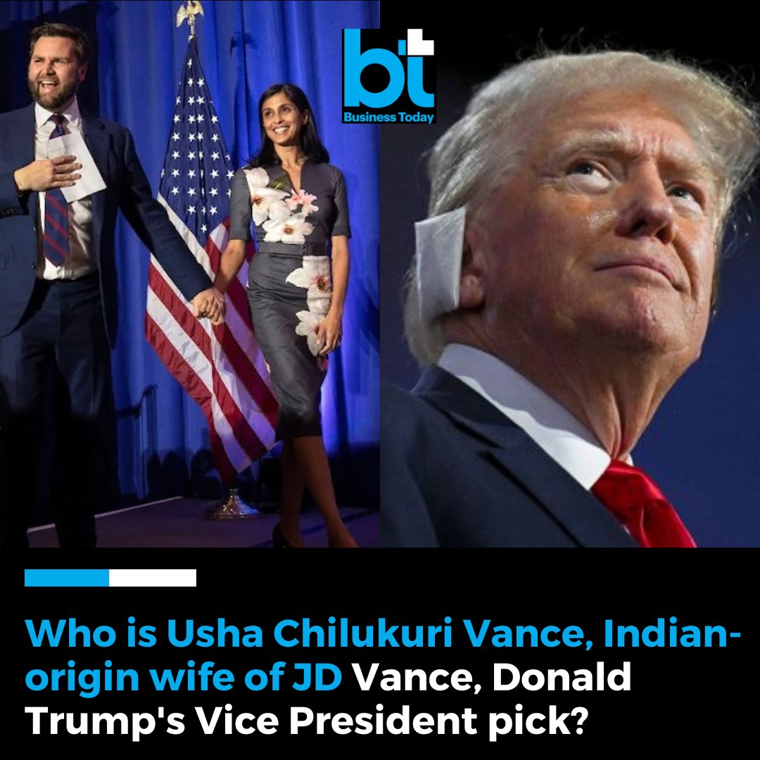 business_today's tweet photo. Former President #DonaldTrump named #OhioSenator #JDVance as his running mate for the upcoming #USelections, marking a significant shift in their political relationship.
➡ JD Vance's wife #UshaChilukuri Vance has also gained quite some attention over being of Indian origin and how she brings with her a wealth of experience and a strong connection to Indian values and culture.
Know more about Usha and JD Vance 👉 https://t.co/AZiMhWiS87