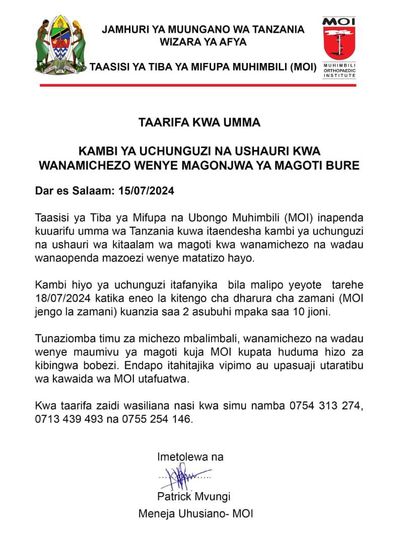 Dr. Norman Jonas (@normanjonasmd) on Twitter photo Taarifa muhimu kwa wanamichezo hasa wenye matatizo ya magoti kutoka <a href="/TaasisiyaMifupa/">taasisiyamifupa_MOI</a> Taarifa muhimu kwa wanamichezo hasa wenye matatizo ya magoti kutoka <a href="/TaasisiyaMifupa/">taasisiyamifupa_MOI</a>