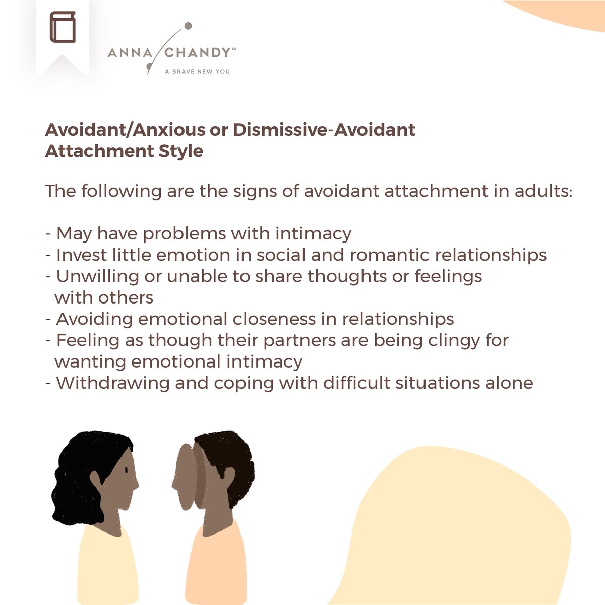 counselloranna's tweet image. Recognizing dismissive-avoidant attachment is the first step towards growth. Identify the common patterns and challenges associated with this style.

#avoidantattachment #attachmenttheory #AnnaChandyAndAssociates #TherapyWorks #therapyhelps