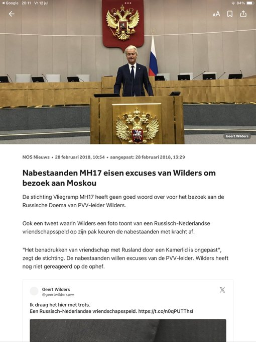 Tien jaar geleden werd de wereld geschokt door de aanslag op #MH17.
298 mensen, vrouwen, kinderen kwamen om het leven. 
Nog geen 4 jaar na de ramp met de #MH17 bezocht Geert Wilders Moskou om daar Rusland en Poetin te prijzen. 
De nabestaanden waren totaal ontzet.
Wilders.