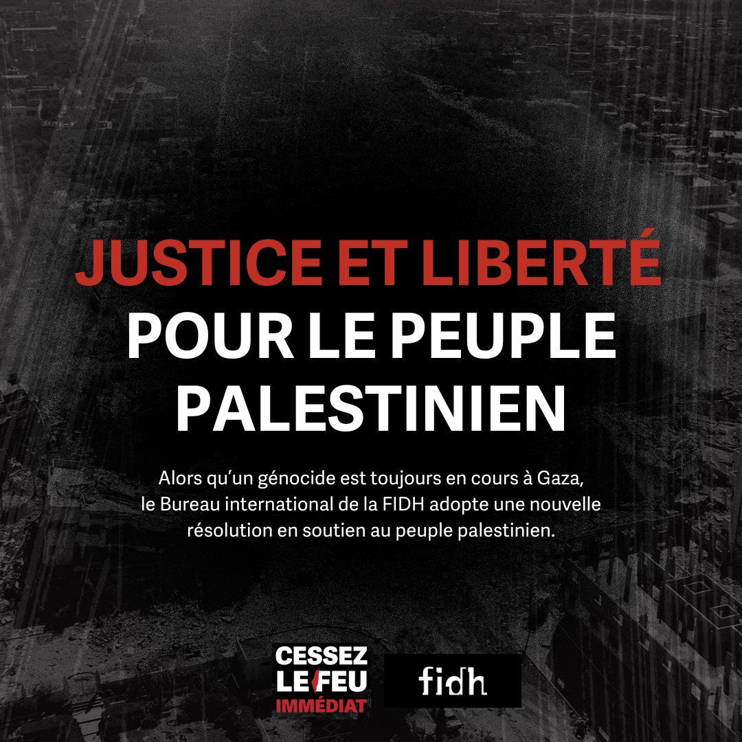 ⚫️#Gaza : En novembre 2023, le Bureau international de la <a href="/fidh_fr/">FIDH</a>, instance gouvernante de l’ONG, qui rassemble des expert·es et des militant·es venu·es de tous les continents, votait une résolution dénonçant le génocide en cours à Gaza.

La #FIDH alertait le monde sur ce crime