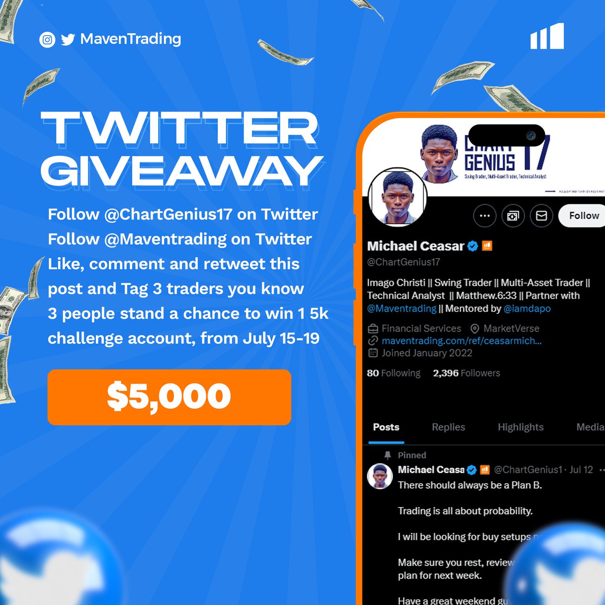 ChartGenius17's tweet photo. $15k GIVEAWAY ALERT  🎁 

👉🏻 Price 3 x $5k MAVEN ACCOUNT

RULE TO ENTER ↘️

✅ Follow 
|| @ChartGenius17 || @Maventrading || @hunter_4x 

✅ Must Follow
|| @jeh_sea || @PrincessElendu || @Itoro_mark || @KIELEFFIONG23 || @lazarusmarwisa

✅ Like & Retweet This Post

✅ Tag 3 Traders You Know (Non-Influencers)