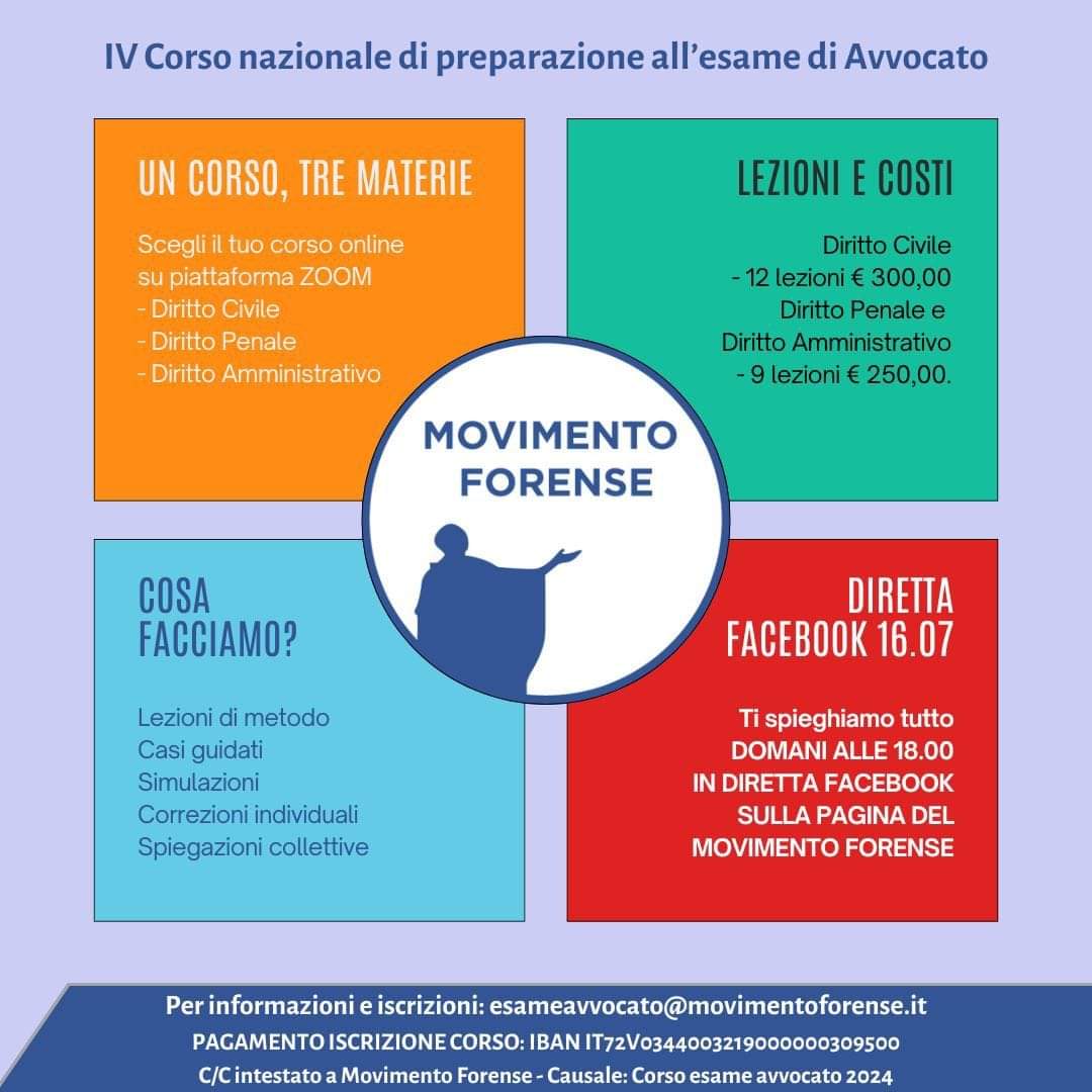 🔴 𝗖𝗢𝗥𝗦𝗢 𝗗𝗜 𝗣𝗥𝗘𝗣𝗔𝗥𝗔𝗭𝗜𝗢𝗡𝗘 𝗔𝗟𝗟'𝗘𝗦𝗔𝗠𝗘 𝗗𝗜 𝗔𝗩𝗩𝗢𝗖𝗔𝗧𝗢 

➡️ Domani 16.07.2024, alle 18.00, in diretta su questa pagina, si terrà la presentazione del Corso di preparazione all’esame di avvocato.

✅ Vi aspettiamo numerosi!
📌 𝗦𝗔𝗩𝗘 𝗧𝗛𝗘 𝗗𝗔𝗧𝗘!