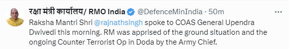 DDIndialive's tweet image. Defence Minister @rajnathsingh speaks to the Indian Army chief, and was apprised about the ground situation and ongoing operation in #JammuAndKashmir's Doda.

#DodaTerroristAttack
