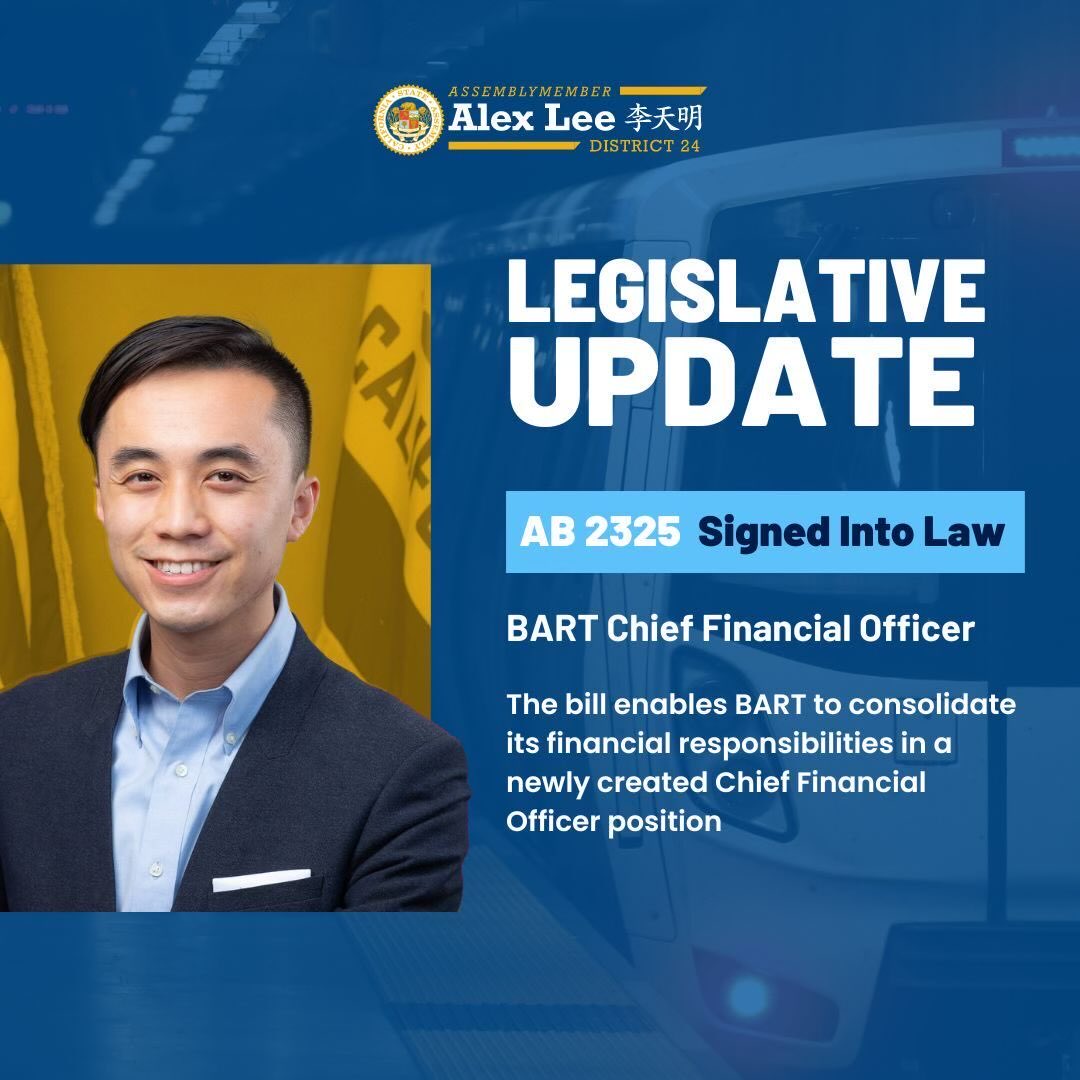 The Governor just signed my first bill of the year - AB 2325! This bill improves the financial operations of <a href="/SFBART/">BART</a> and better positions BART to adapt to changes in transit and the economy