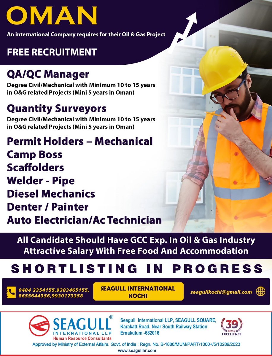 hrd1_seagull's tweet photo. 🇴🇲Oman Jobs
✔Free Recruitment
📝Shortlisting In Progress
📍Location - Kochi
.
.
.
#omanjobs #seagull #qaqcmanager #quantitysurveyors #permitholder #campboss #welder #autoelectrician https://t.co/8Ry2eVyF01