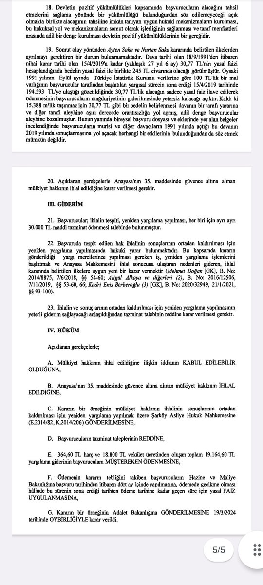 AYM;Mahkeme kararıyla tespit edilen alacağın sadece yasal faiz işletilerek ödenmesi ve enflasyon karşısında yitirilen değerinin karşılanmaması nedeniyle başvurucuların mülkiyet hakkı ihlal edilmiştir.

08.07.2024 günlü Resmi Gazetede yayımlanmıştır.