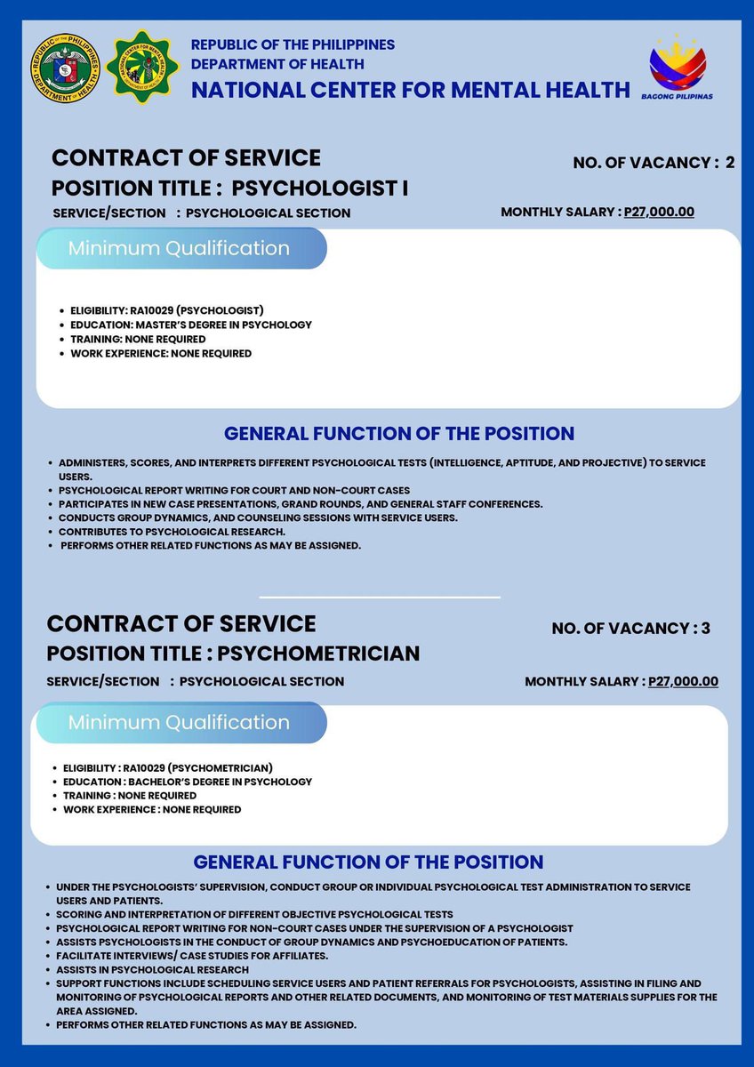 psychekarly's tweet photo. good pm! 3 vacancies for psychometrician and 2 for psych 1 in NCMH (National Center for Mental Health)

accepting sila ng requirements from july 15-26 ☺️ https://t.co/aalRE7B0Kv