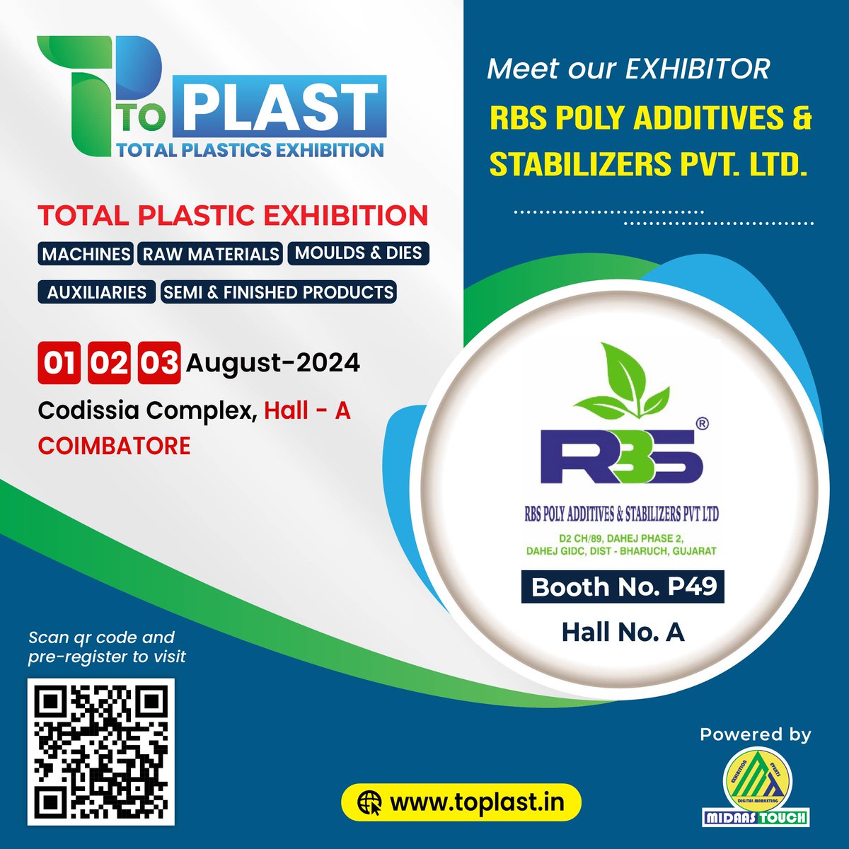 ToplastExpo's tweet photo. 📢 Exciting News! 🌟
Join us at the #TOPLAST - #TotalPlasticsExhibition from August 1st to 3rd, 2024, at the #Codissia Complex in #Coimbatore! Discover the latest in #PlasticTechnology, #rawmaterials, #moulds, #dies, #auxiliaries, and more.
Visit us at Booth No. P49, Hall A, and explore our innovative products at RBS POLY ADDITIVES & STABILIZERS PVT. LTD. RBS Poly Additives & Stabilizers Pvt Ltd
Scan the QR code to pre-register and avoid the queue! https://t.co/hihSufZhk2 🚀
#TotalPlasticsExpo #rbs #RBSPolyAdditives #PolyAdditivesStabilizers #manufacturing #Innovation #Plastics #exhibition #CodissiaComplex #Exhibition2024 #plasticexpo